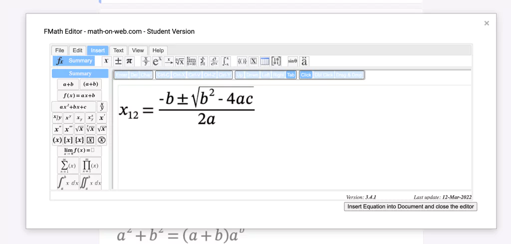 insert equation in the document and close