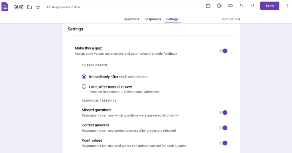 Google Forms Quiz - Settings