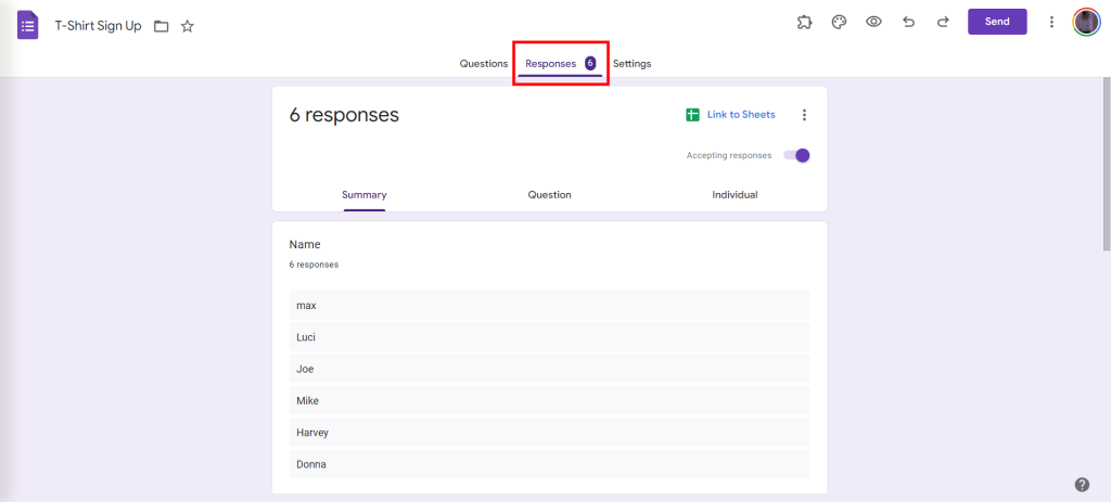 View Analytics in Google Forms - Go to the Responses tab