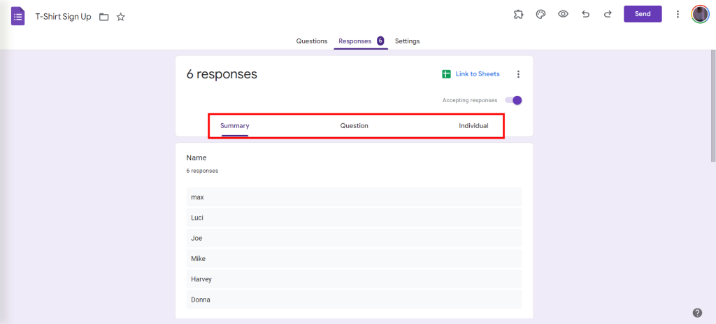 View Analytics in Google Forms - Select summary