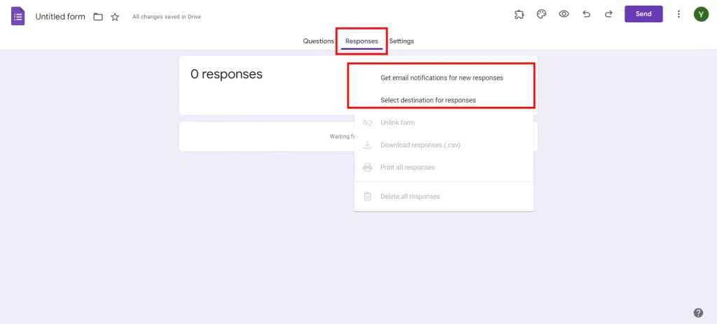 Google Forms Order Form - Response destination