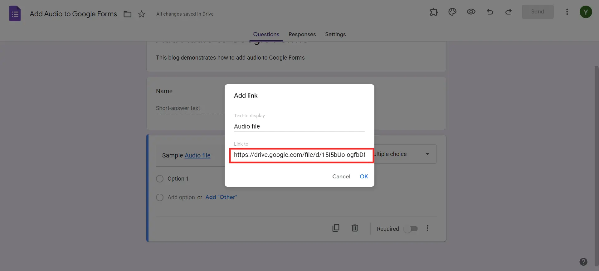 Add Audio to Google Forms -Paste Link