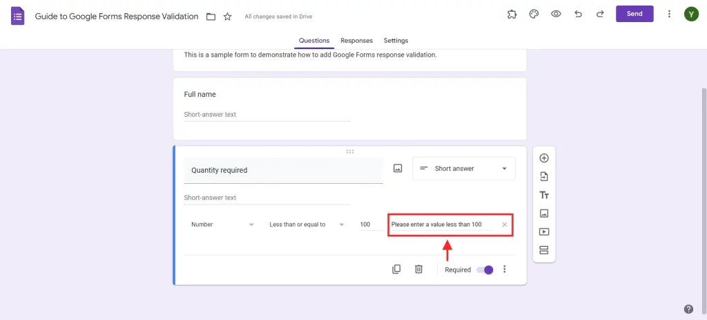 Google Forms Response Validation - Add error message