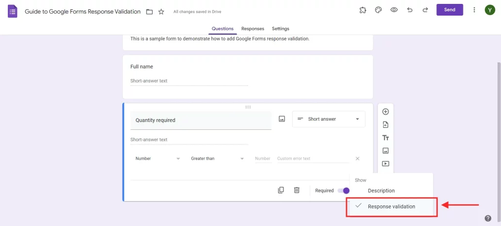 Google Forms Response Validation - Add response validation