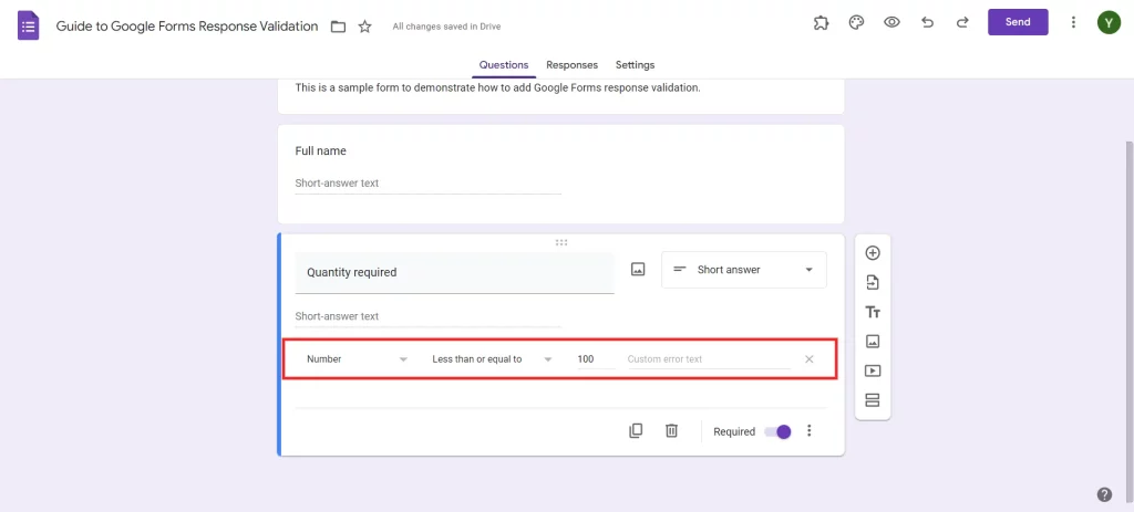 Google Forms Response Validation - Add rule