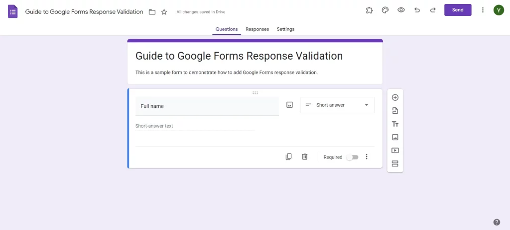 Google Forms Response Validation - Give title, description and add questions