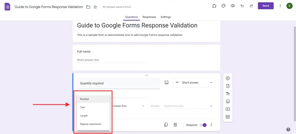 Google Forms Response Validation - Types of validation