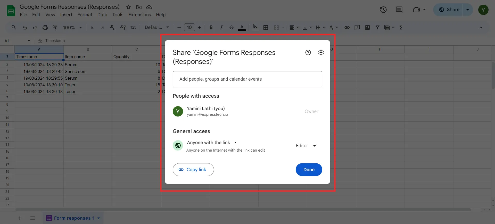 Google Forms Responses - Add collabrators to Sheets