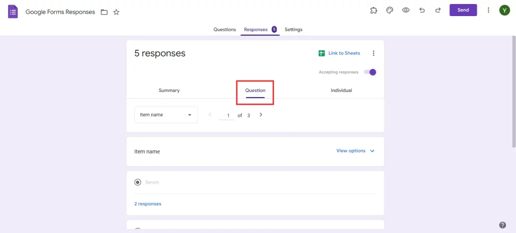 Google Forms Responses - Questions View