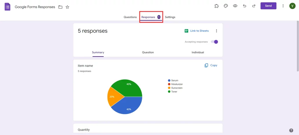 Google Forms Responses - Responses tab