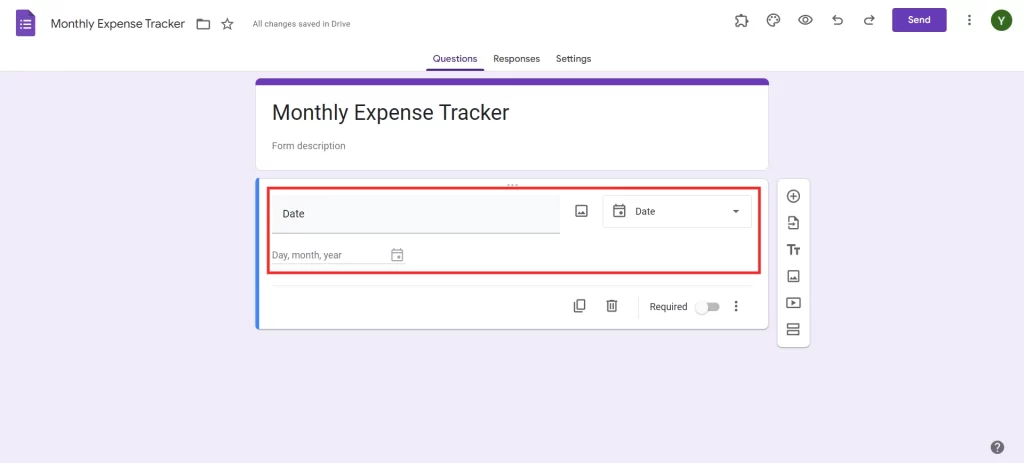 Google Forms Expense Tracker - Add questions