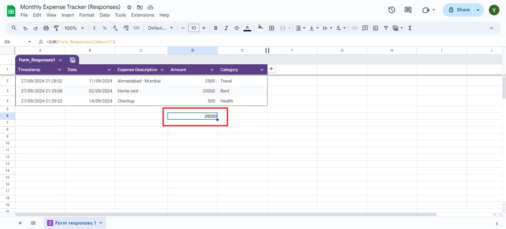 Google Forms Expense Tracker - SUM
