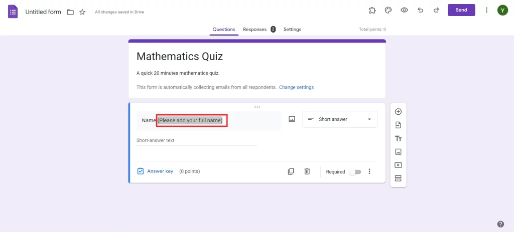 Italicize in Google Forms - Select text