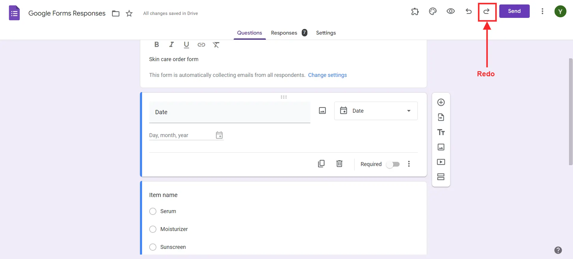 Undo in Google Forms - Redo