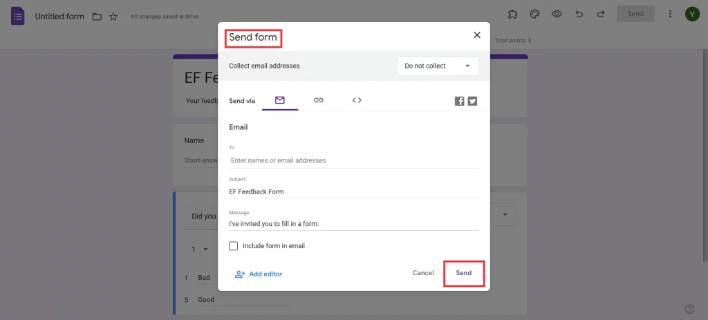 Feedback Form in Google Forms - Preview and send