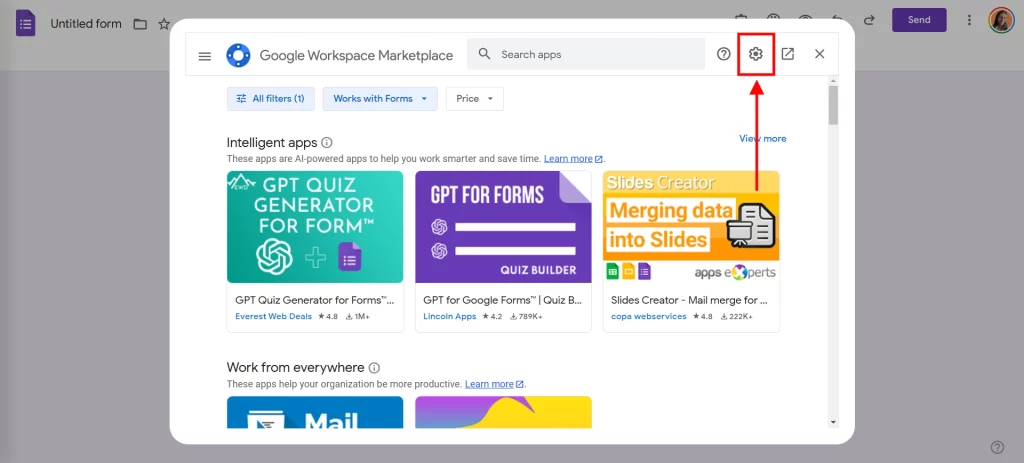 Remove Google Forms Add-ons - Click on gear icon