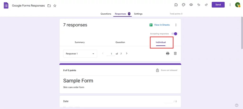 Delete Responses in Google Forms - Navigate to the Individual tab