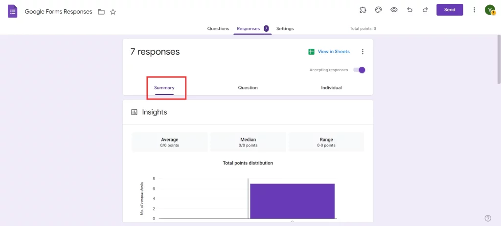 Delete Responses in Google Forms - Navigate to the Summary tab