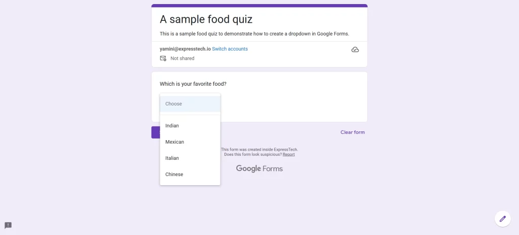 Dropdown in Google Forms - Preview and Share