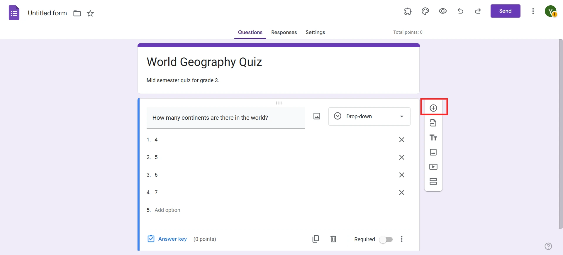 Number Questions in Google Forms - Click on plus icon