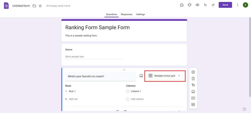 Ranking Questions in Google Forms - select question type