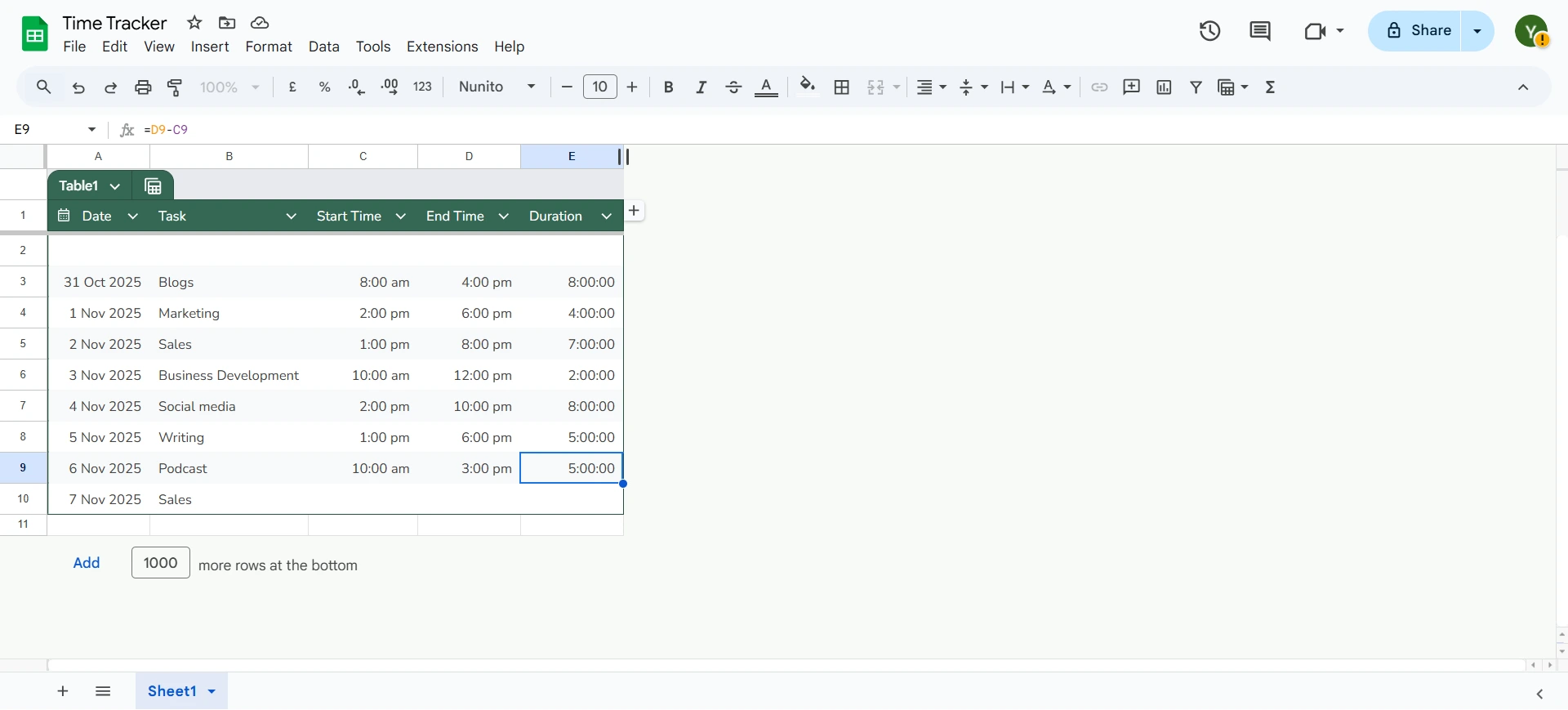 Timesheet in Google Sheets - Calculate duration