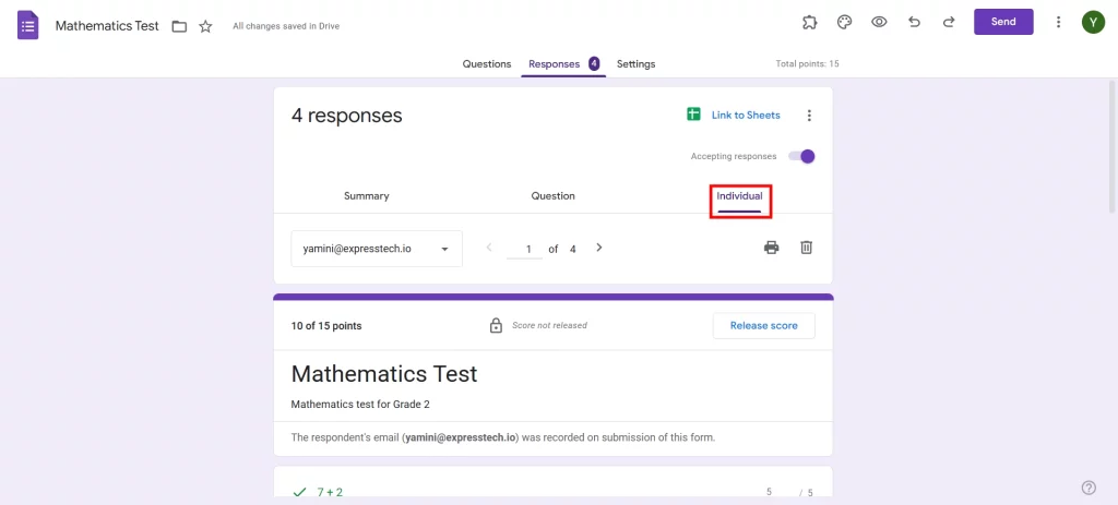 Release Scores on Google Forms - Individual response