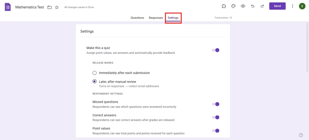 Release Scores on Google Forms - Navigate Settings