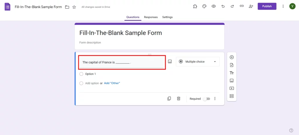 Fill-In-The-Blank in Google Forms - Add questions