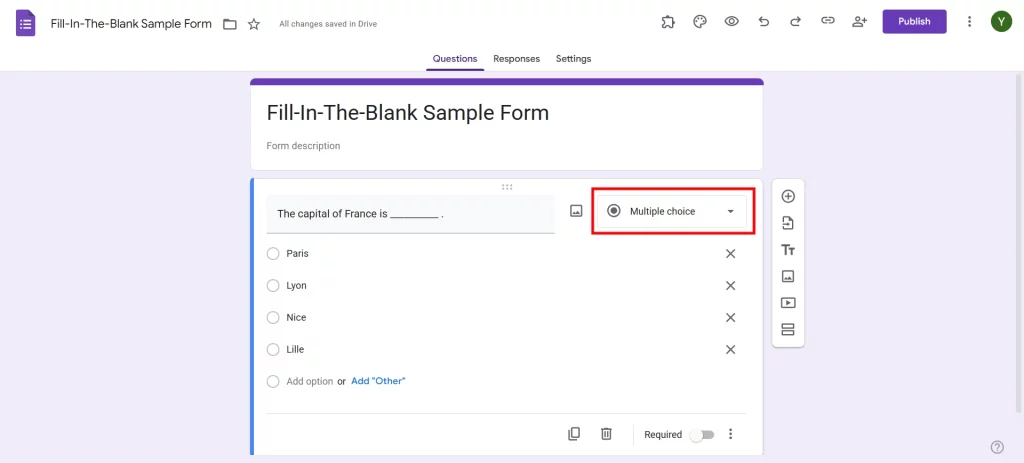 Fill-In-The-Blank in Google Forms - Multiple choice question