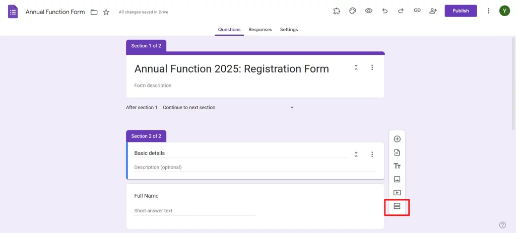 Google Form for Event Registration - Sections