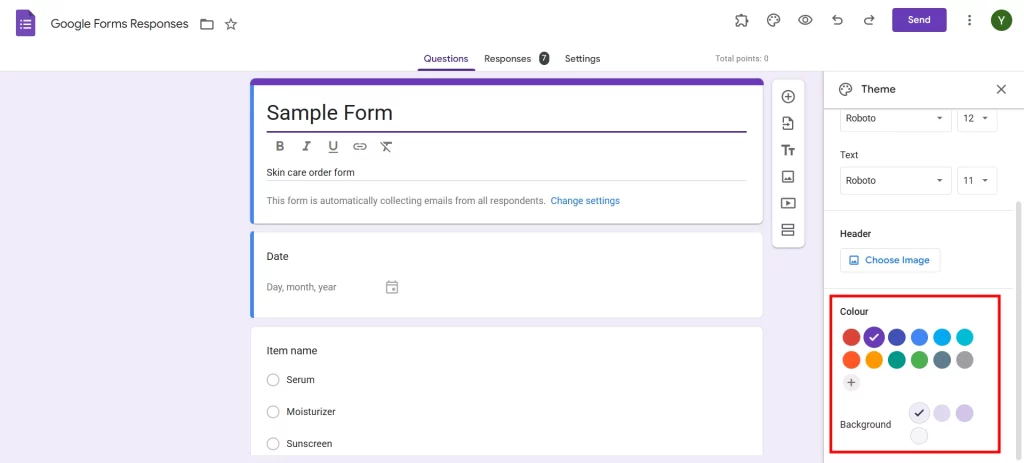 Google Forms Themes - Colors