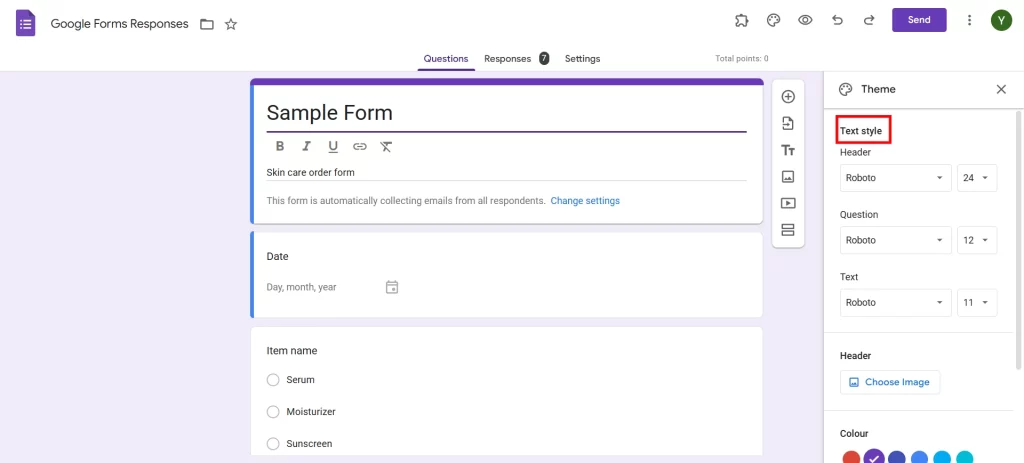 Google Forms Themes - Font