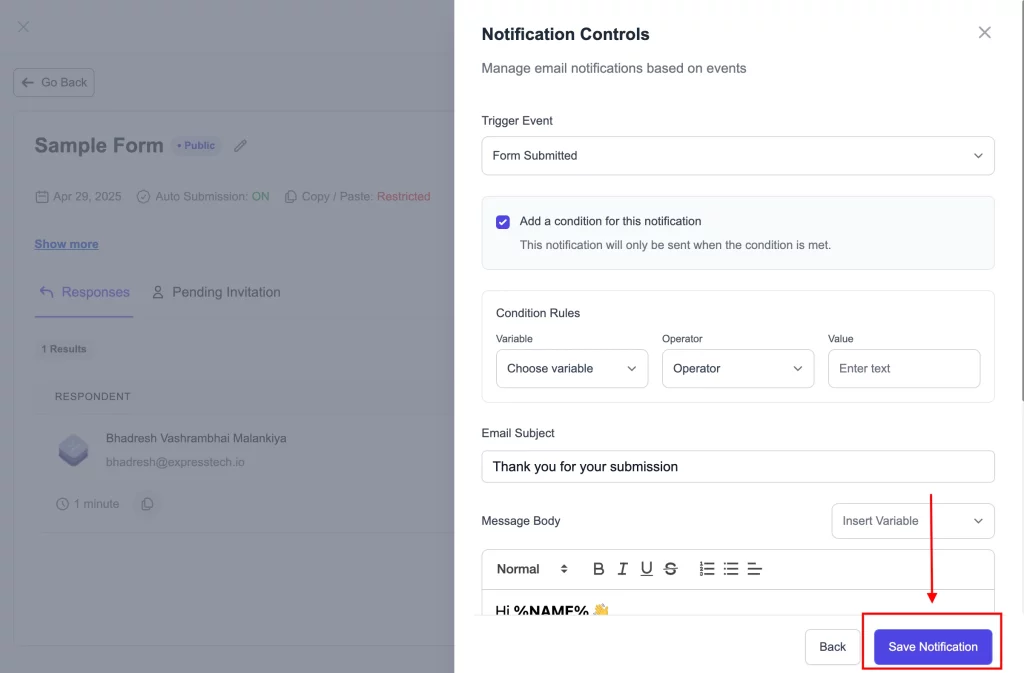 Email Notifications - Save notification