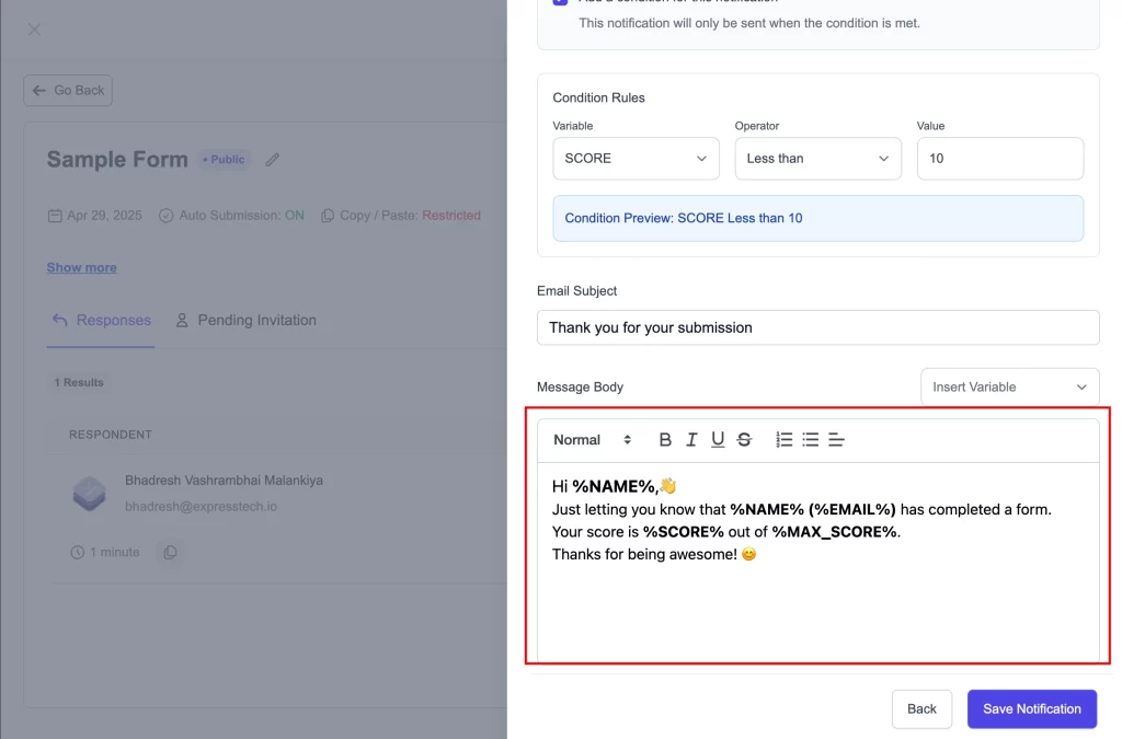 Email Notifications - Add message body
